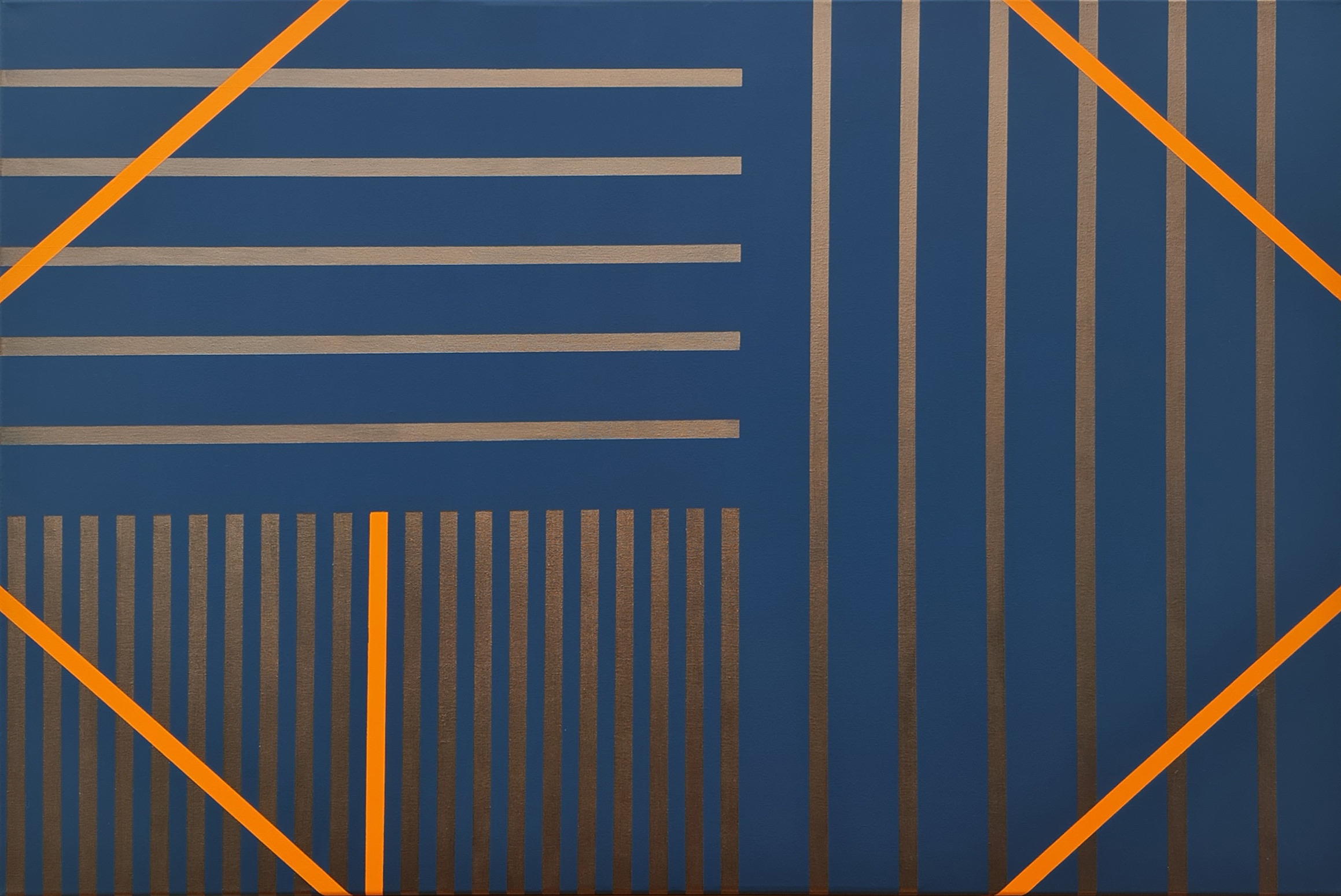 A deep navy ground crossed by grey bars — horizontal in the upper left, vertical in the lower left — with bright orange lines forming a large open diamond and one orange vertical.
