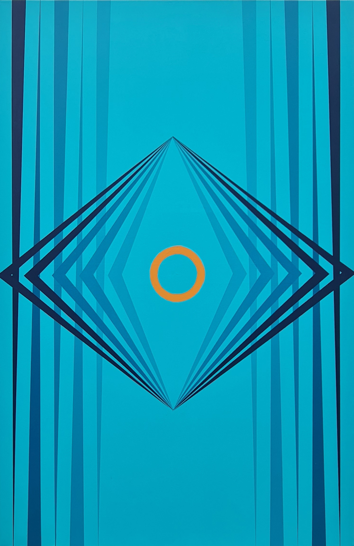 On a turquoise ground, a large diamond built from nested chevrons in graded blues, with a single orange ring at its centre; narrow darker blue stripes run down both edges.