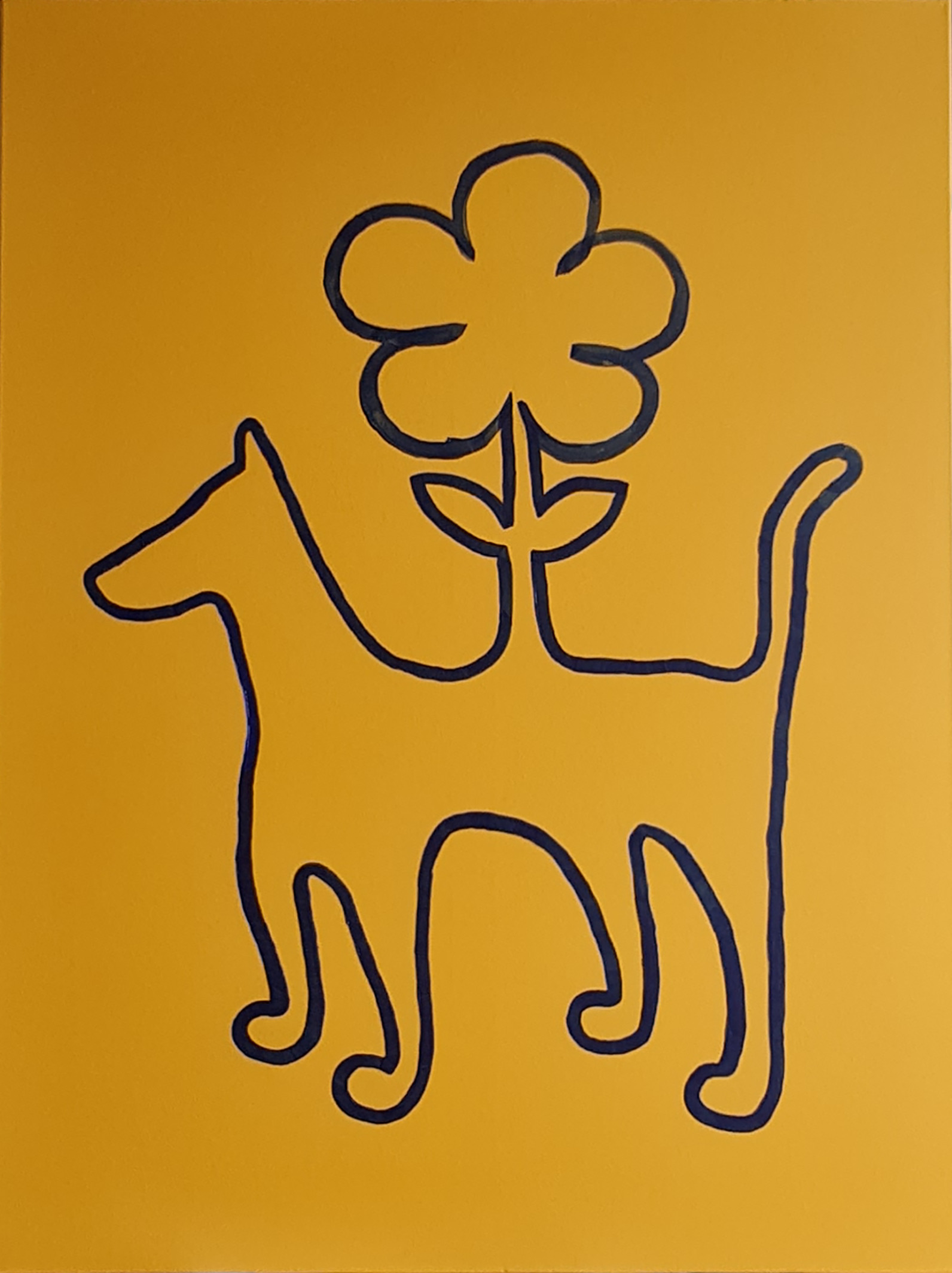 A dog drawn in one continuous navy line on a warm yellow ground, its tail curling up like a cat's, with a large flower drawn in the same unbroken line rising from its back.