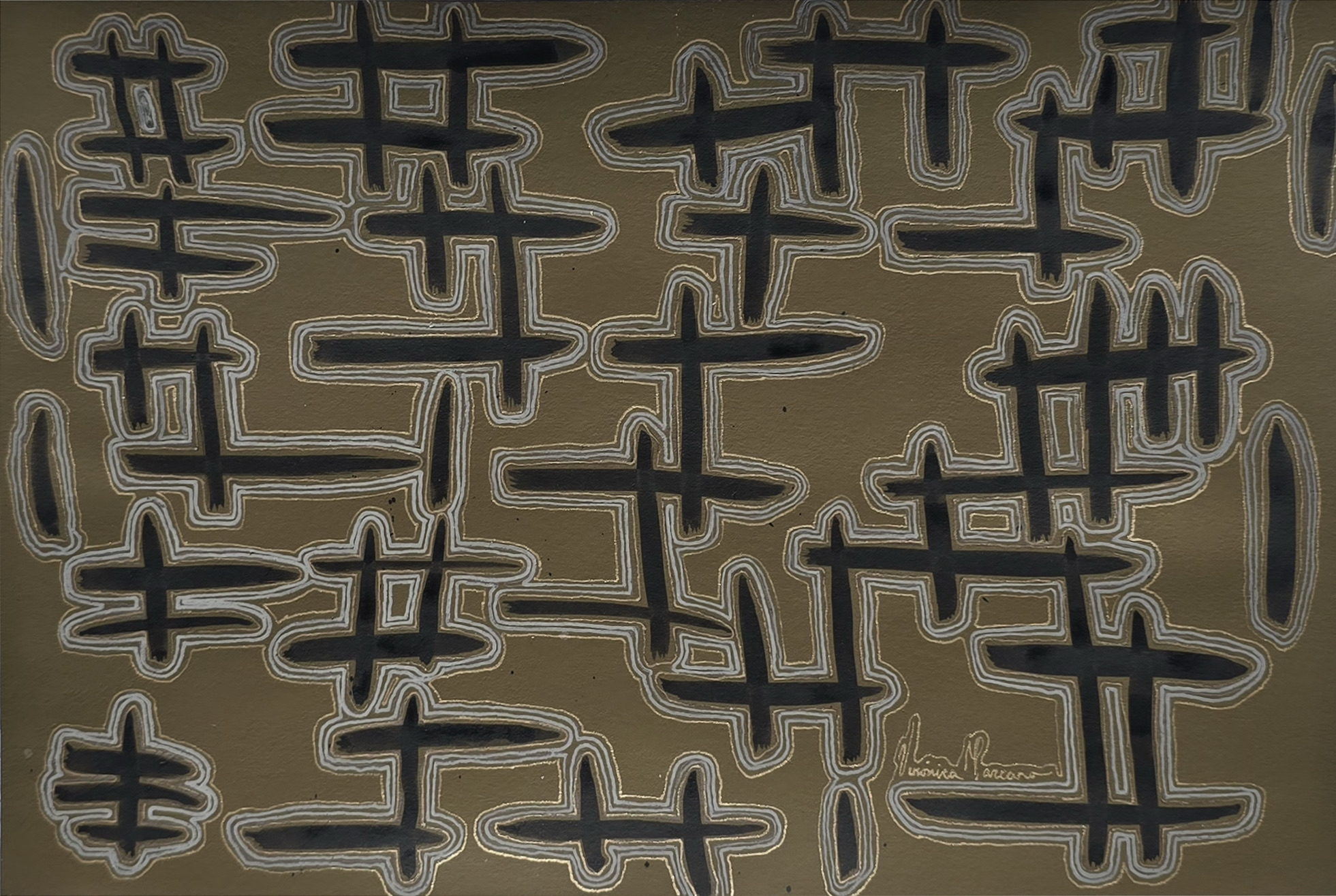 Black cross and hash shapes, brushed loosely, spread across an olive-gold ground; each cluster is ringed by concentric grey and gold contour lines, like the level lines on a map.