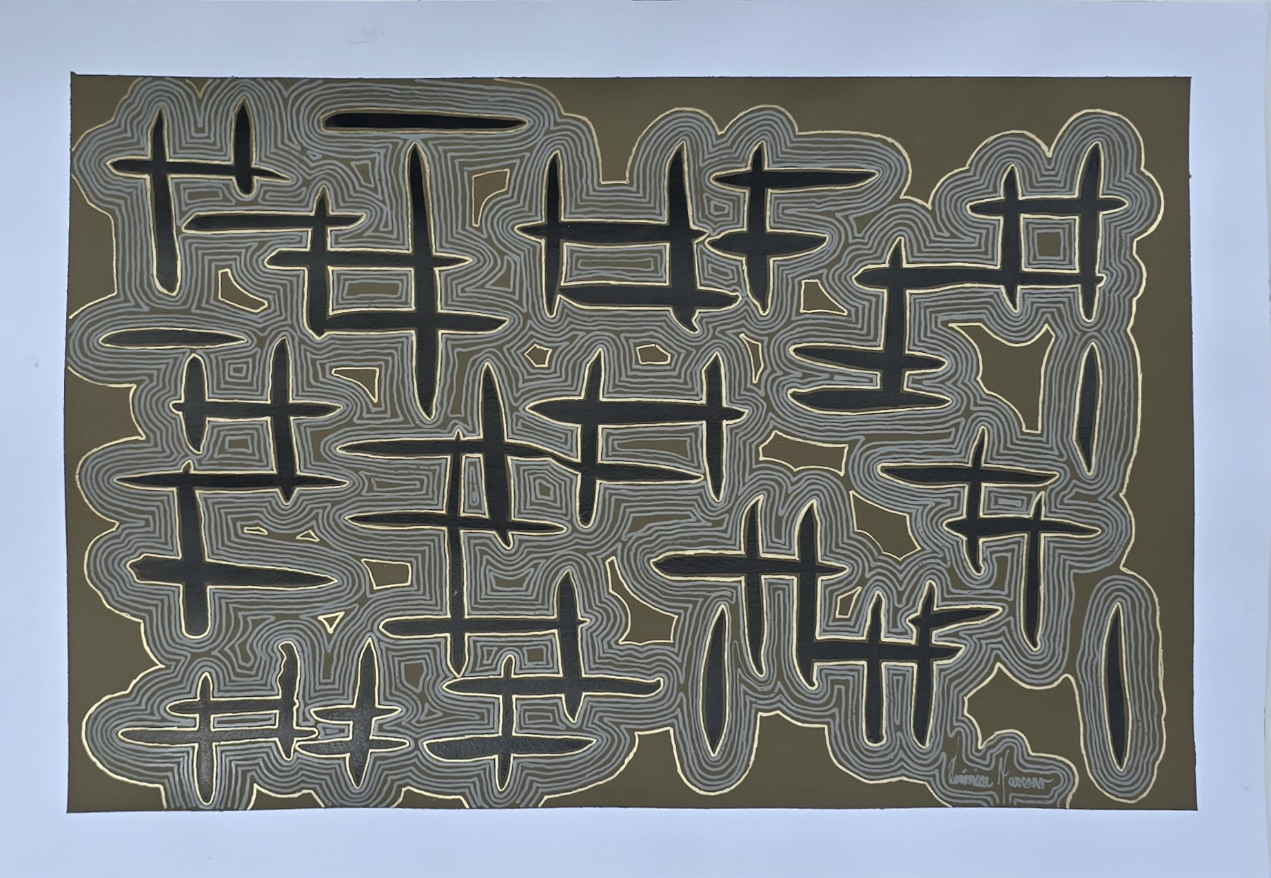 The same black cross and hash forms ringed by concentric contour lines in grey and gold, on an olive-gold field, painted on paper with a wide white margin.