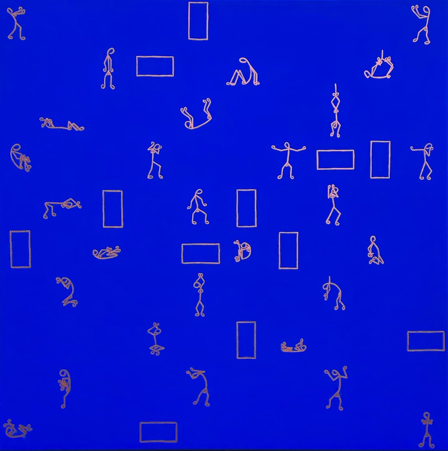 Small copper single-line figures scattered across a flat ultramarine ground in loose rows, with empty copper-outlined rectangles standing in the gaps between them where figures would be.