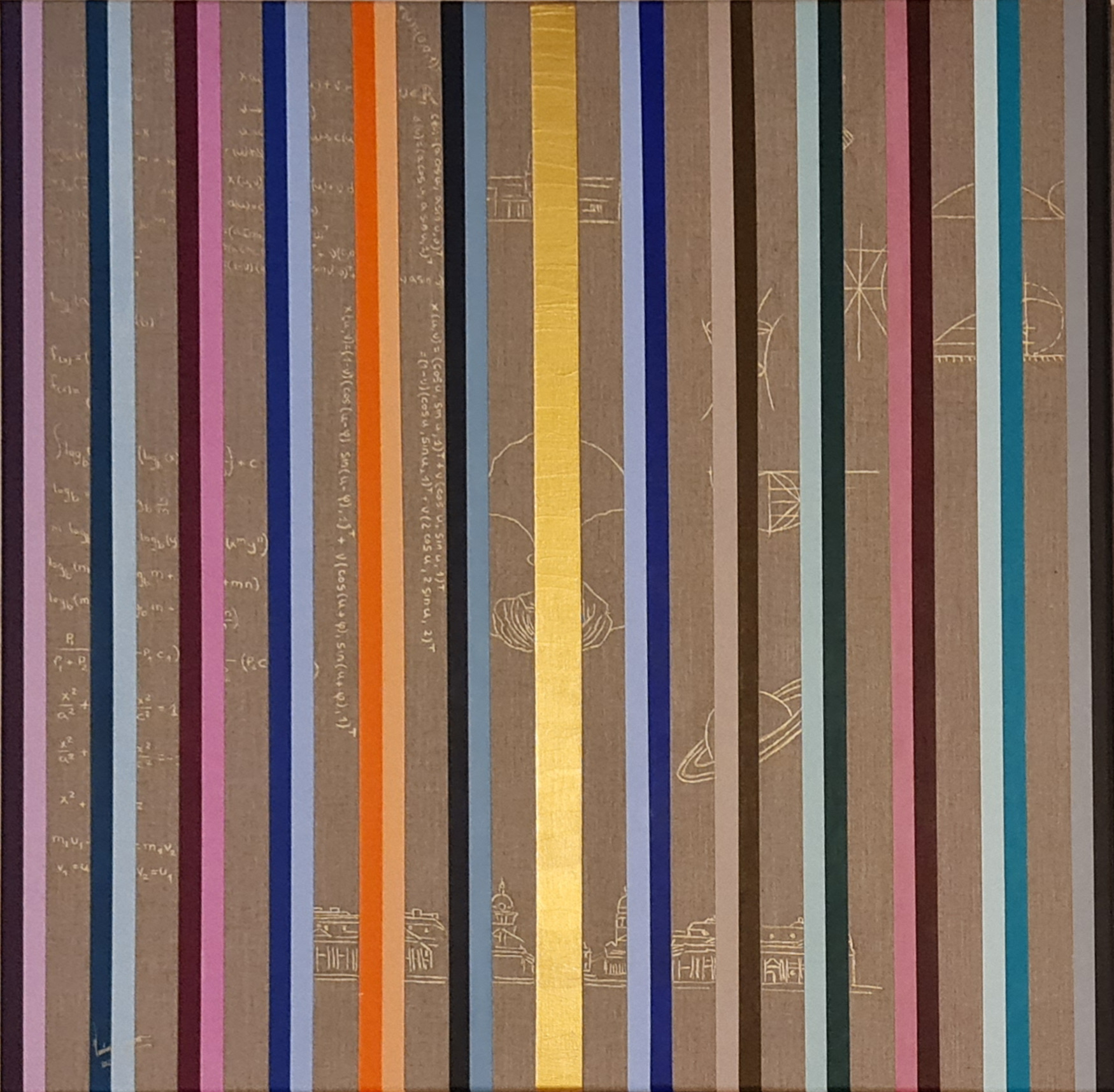 Vertical stripes in pink, orange, blue, teal, red and violet on a warm grey-brown ground, with a broad band of gold leaf at the centre; faint architectural drawings of domes and columns are incised across the whole surface.