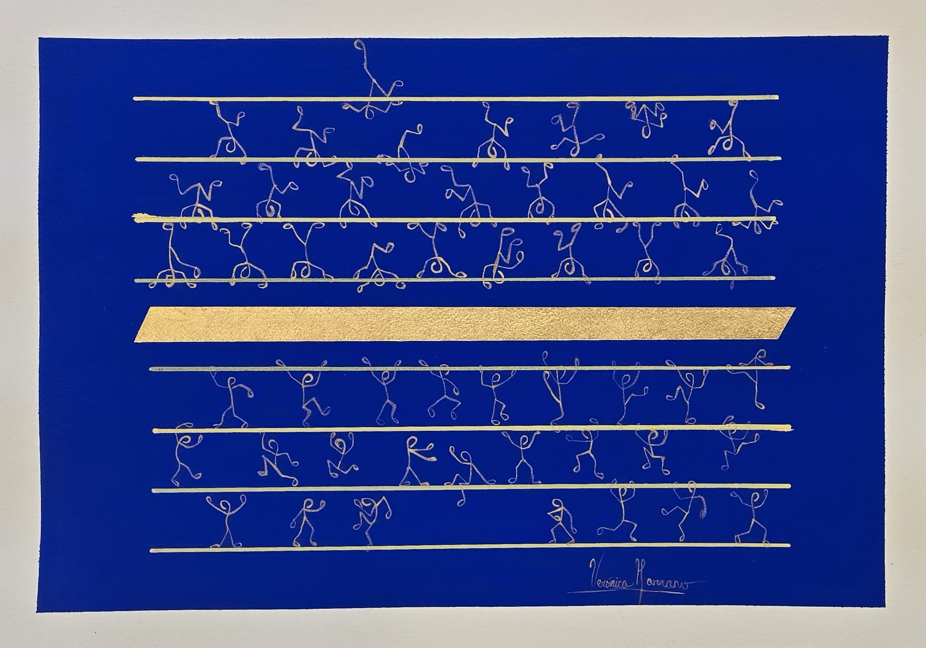 A block of ultramarine on white paper with small white single-line figures walking along horizontal rules, like notes on a stave; a broad band of gold leaf runs across the middle at a slight angle.