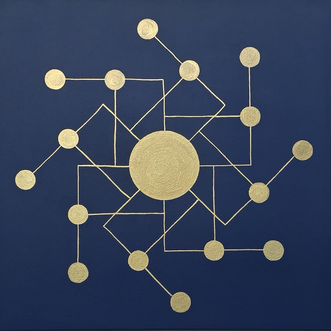 On a deep navy ground, a large gold disc at the centre with fifteen smaller gold discs around it, all joined by thin gold lines into an angular branching network.