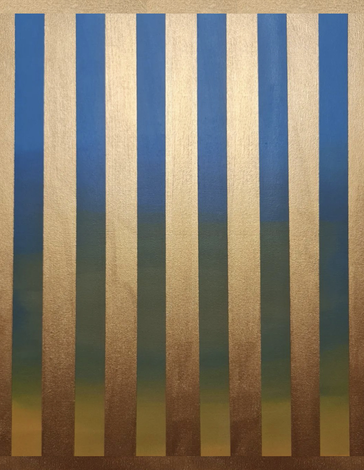Six tall vertical bars on a copper ground, each graded from blue at the top through green to bronze at the bottom, like light failing down a row of windows.