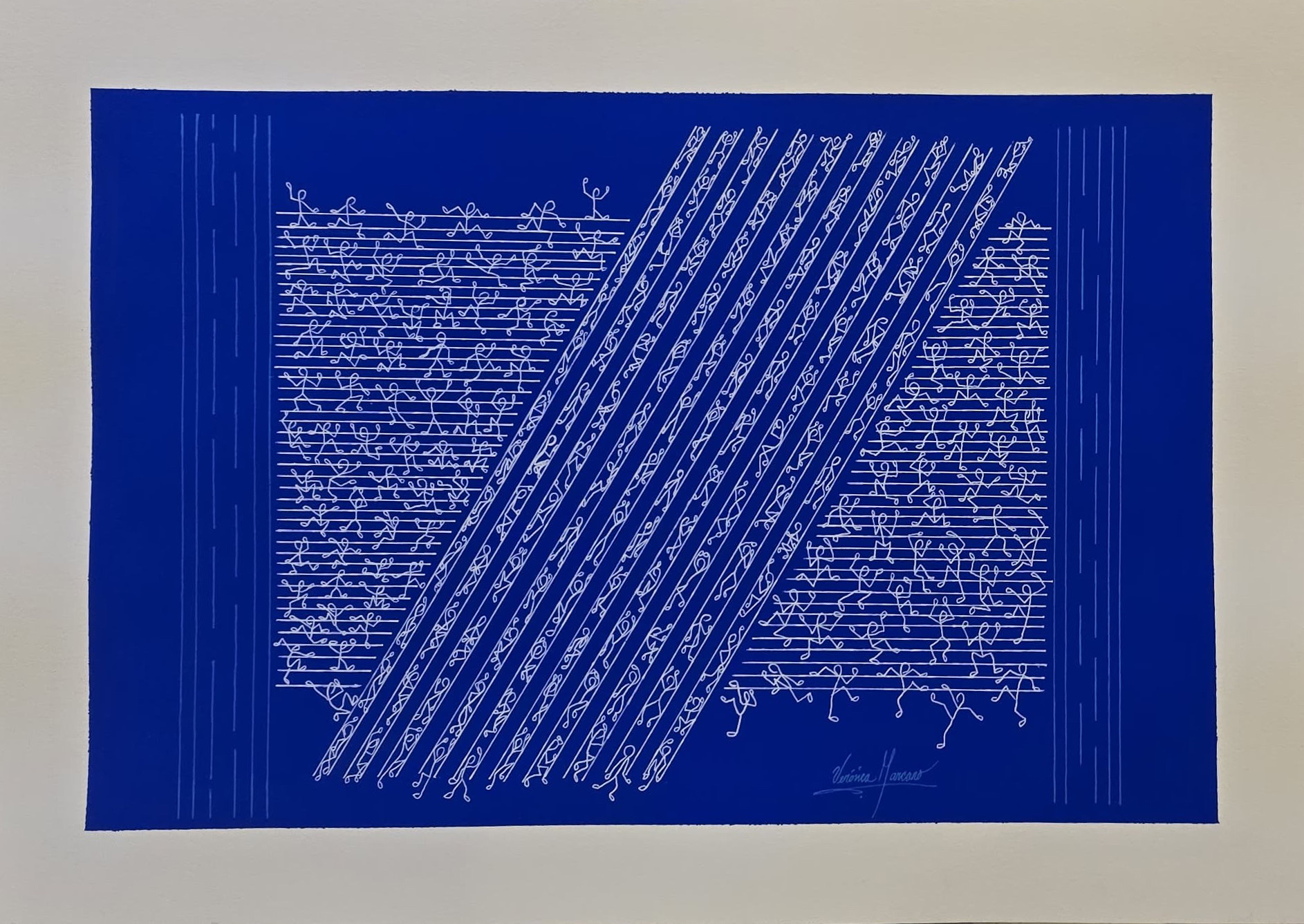 A block of ultramarine on white paper, filled with hundreds of tiny white single-line figures massed along horizontal rules; broad diagonal bands of the same figures cut across them from lower left to upper right.