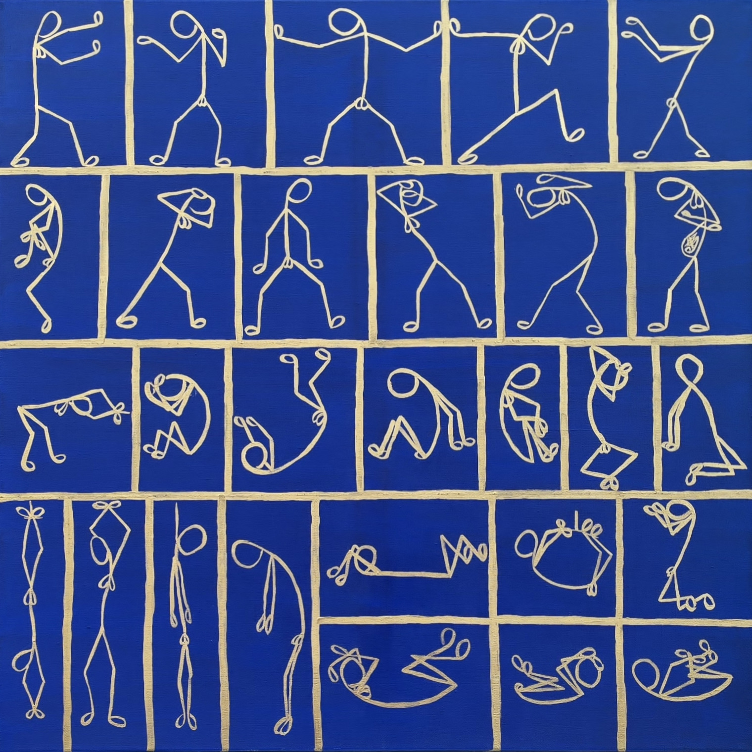 A grid of cells ruled in gold on ultramarine, each holding one figure drawn in a single gold line. Read down the rows the figures go from standing and walking, to crouching, to kneeling, to lying flat.