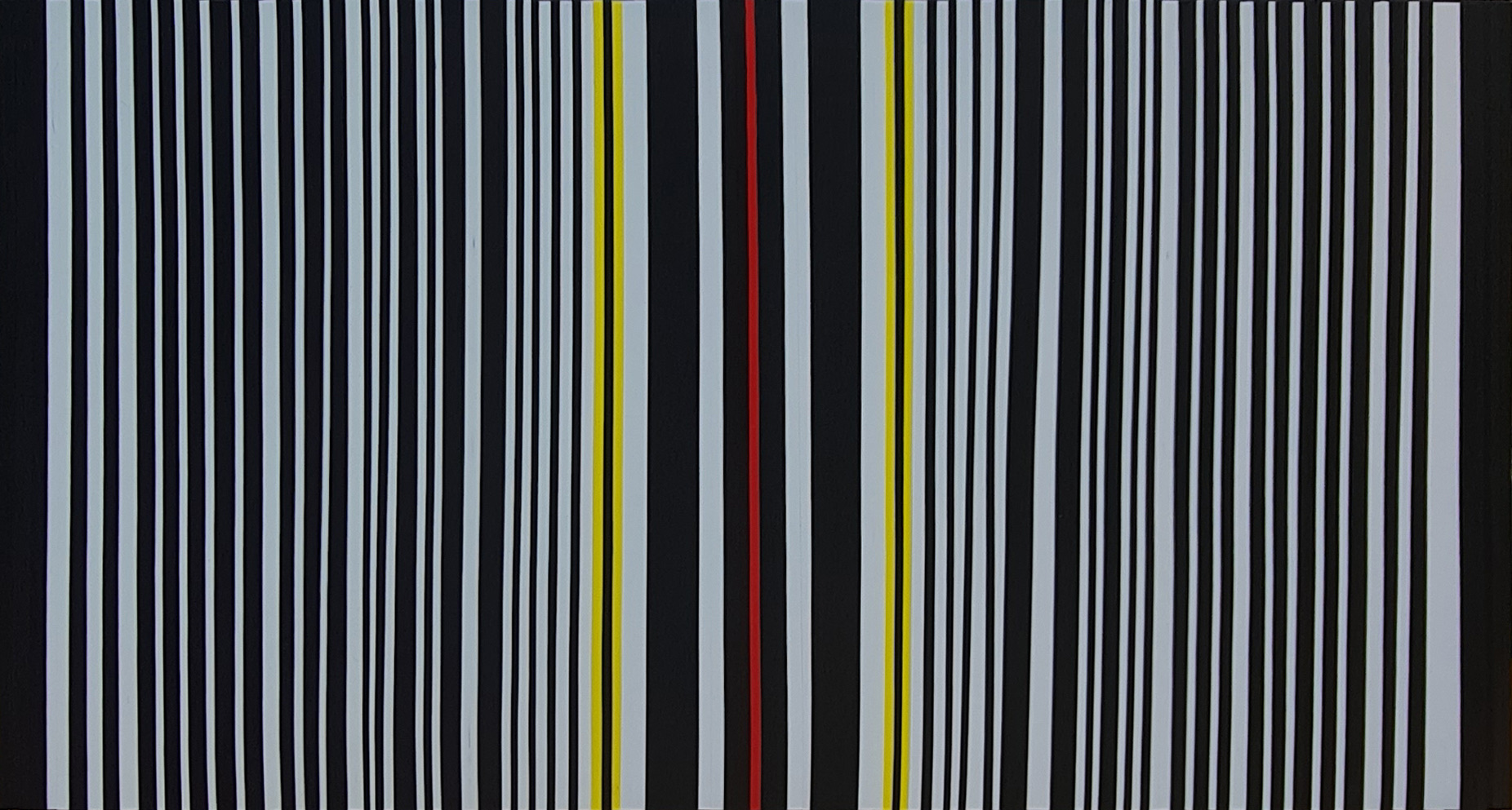 Dense fine white vertical lines on black, bowing and narrowing across the canvas so the surface appears to ripple, interrupted near the centre by one red and two yellow lines.