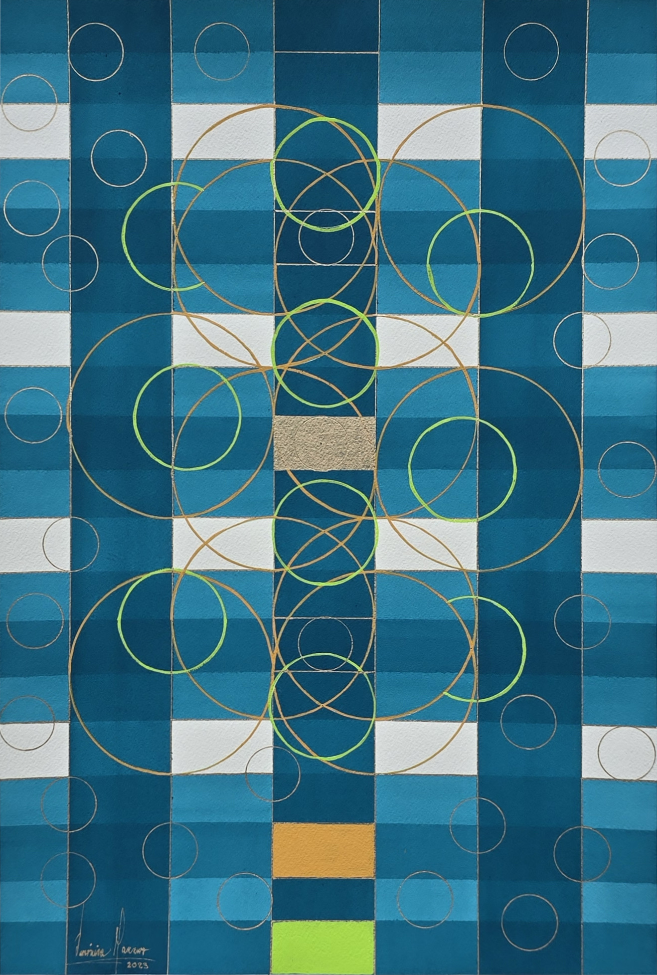 A woven grid of teal, blue and white rectangles, overlaid with large interlocking circles outlined in gold and bright green; a small block of gold leaf and two blocks of orange and lime sit on the central column.