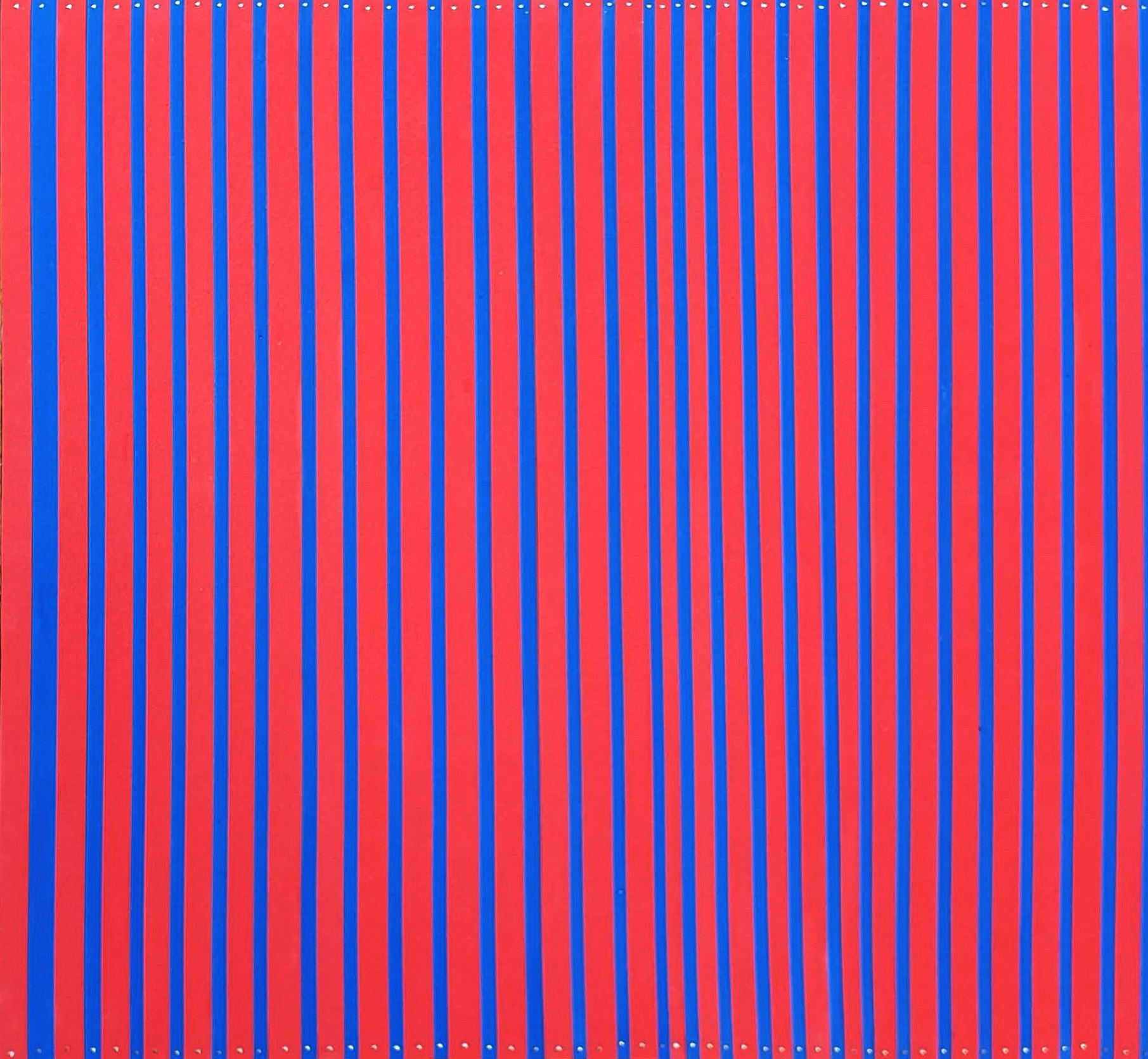 Evenly spaced vertical red and blue stripes filling the canvas, with a row of small metal studs along the top and bottom edges.