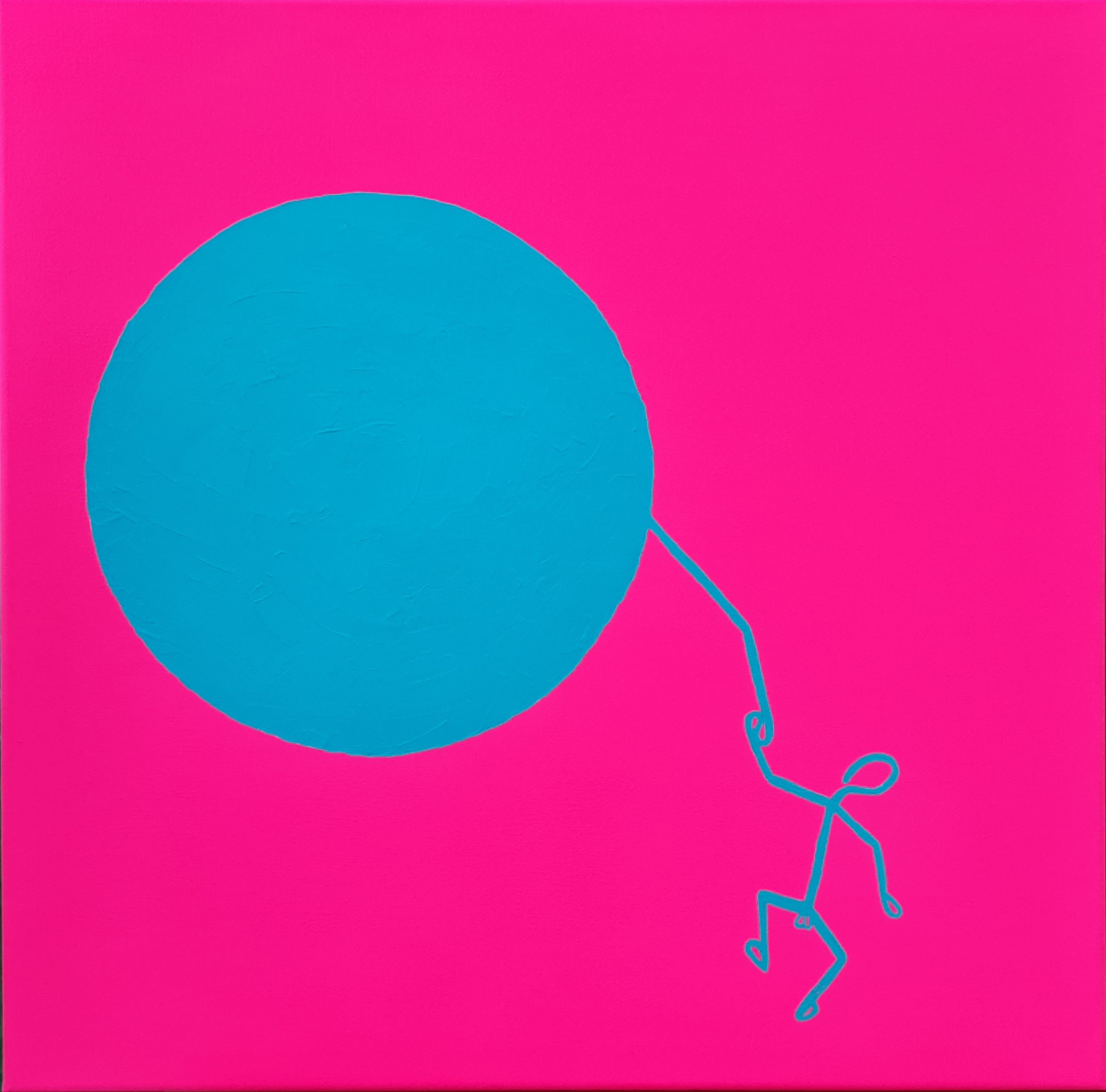 A large flat turquoise disc on a hot magenta ground, with a single continuous turquoise line drawing a small figure that hangs from the disc by one outstretched arm, feet off the ground.