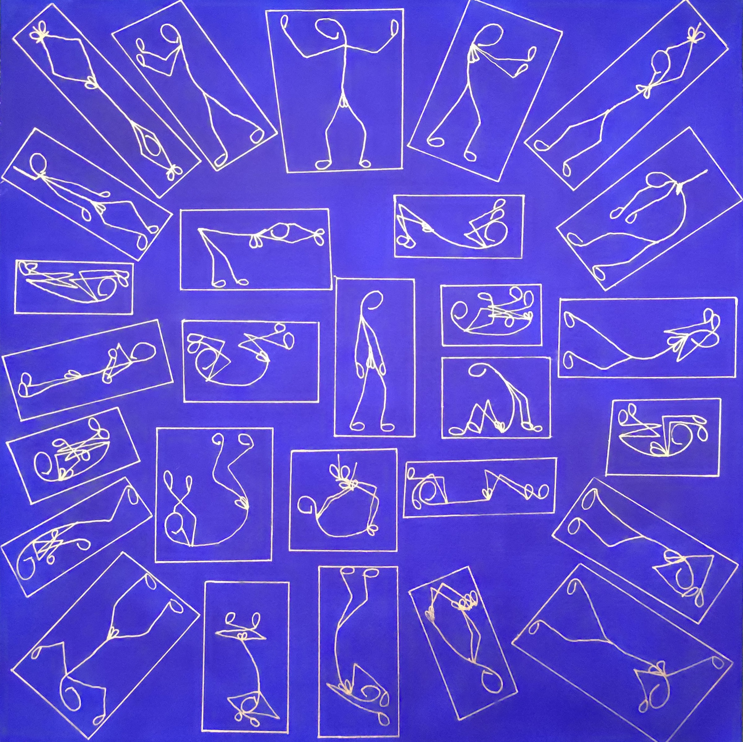 On an ultramarine ground, about thirty small outlined rectangles arranged in a radiating ring, each containing a single continuous cream line drawing a human figure — upright at the outer edge, bent, folded and collapsed towards the centre.
