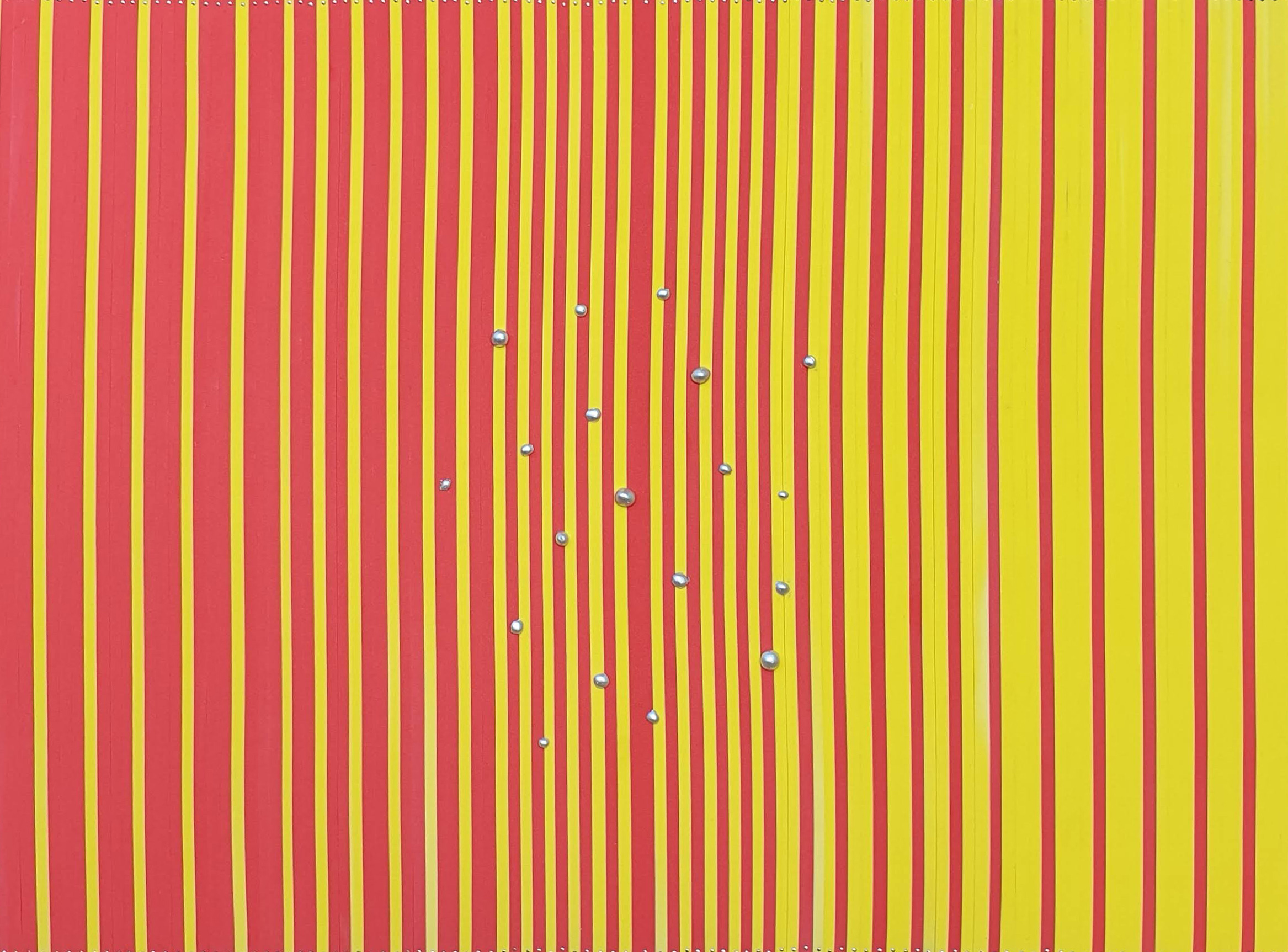 Vertical red and yellow stripes across the whole canvas, with small domed silver studs scattered in a loose diagonal band through the centre and a row of them along the top and bottom edges.