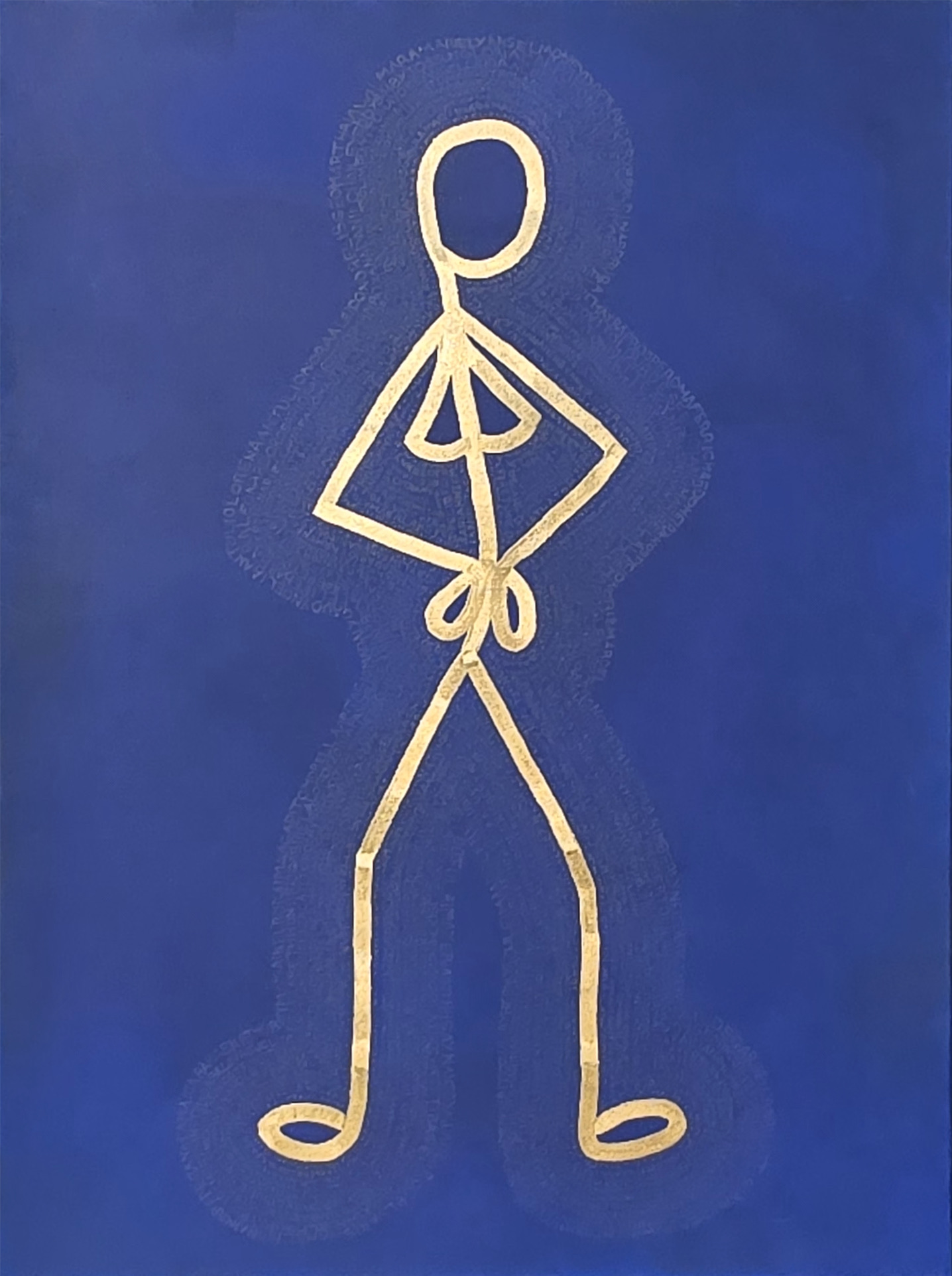 One tall figure drawn in a single broad gold line on ultramarine, standing with its hands held behind its back, surrounded by a halo of brushed darker blue that echoes its outline.