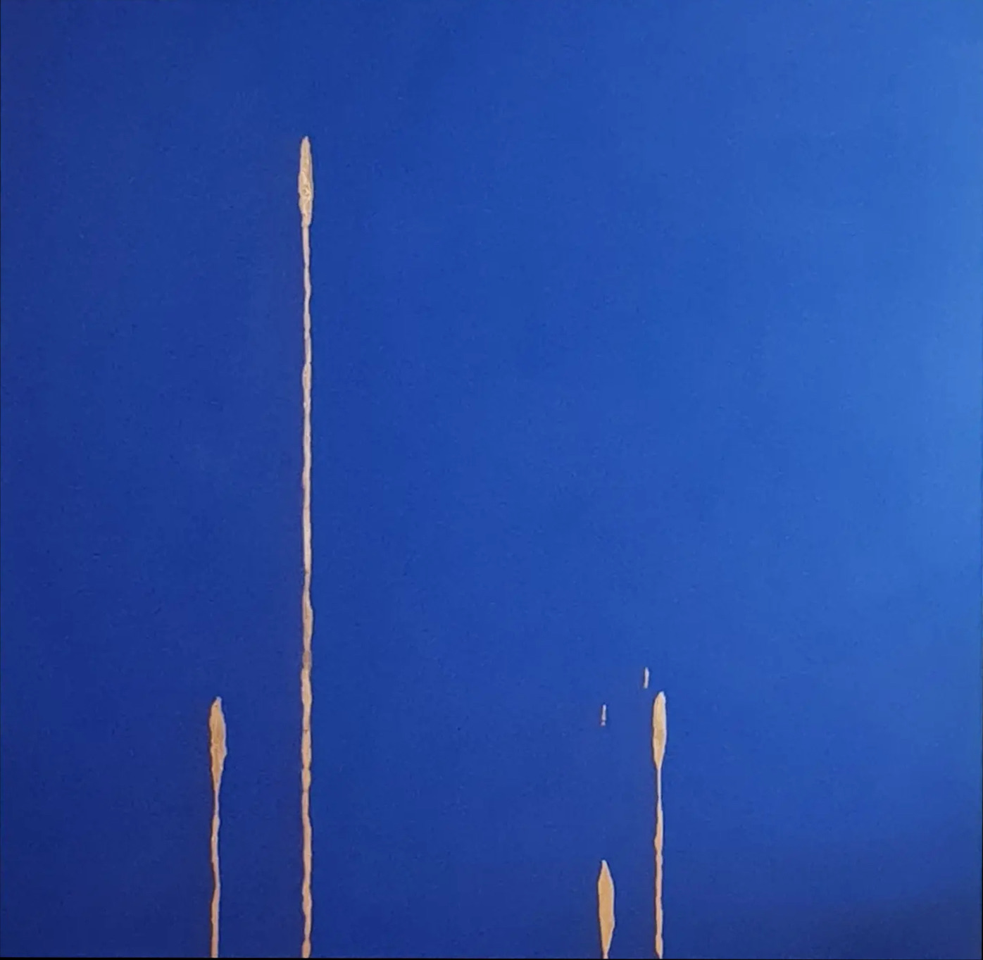 On a brighter blue ground, one long gold line runs almost the full height of the canvas with a pointed tip; three much shorter gold marks sit low and to the sides.